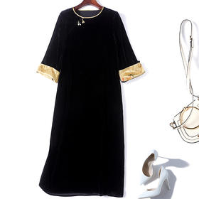 KDS-8917高品质大码胖mm连衣裙早秋新款中式圆领真丝丝绒中长款气质裙子