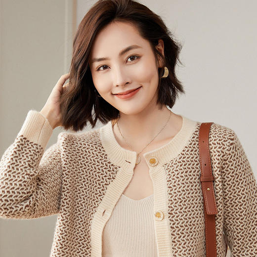 QHJY-JYMY22017秋冬新款女式羊毛衫拼色嵌花针织开衫毛衣外套女韩版圆领上衣 商品图2