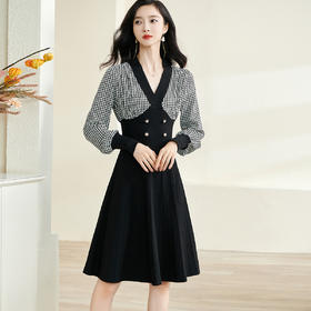 剩S/M 米思阳2024秋季新款气质千鸟格拼接针织伞裙修身显瘦连衣裙3177