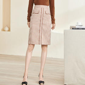 剩S/M/L/XL 米思阳2026春季新款时尚洋气焦糖色格子半身裙提花直筒半截裙2181