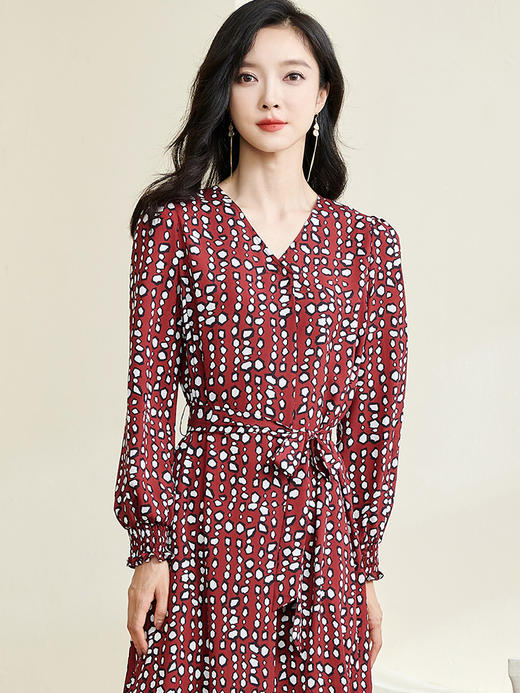 剩S/M/L/XL 米思阳春季新款优雅几何印花系带连衣裙薄款泡泡袖中长裙2917 商品图1