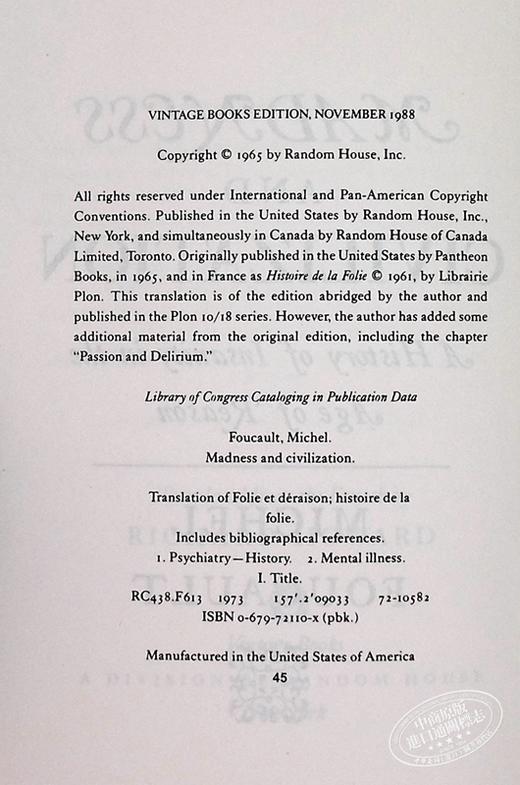 【中商原版】福柯 疯癫与文明 英文原版 Madness and Civilization A History of Insanity in the Age of Reason Michel Fo 商品图4