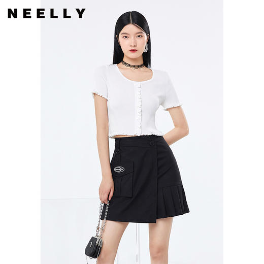 NEELLY纳俪商场同款2022秋季新款圆领针织衫女甜美木耳边短款上衣N22074A04402 商品图3