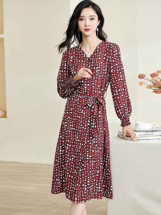 剩S/M/L/XL 米思阳春季新款优雅几何印花系带连衣裙薄款泡泡袖中长裙2917 商品图2