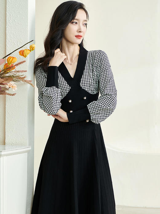 剩S/M 米思阳2024秋季新款气质千鸟格拼接针织伞裙修身显瘦连衣裙3177 商品图1