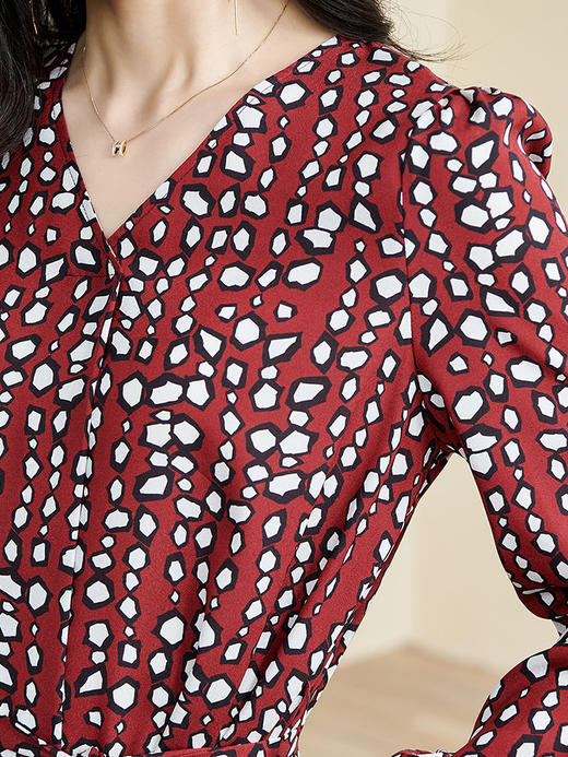 剩S/M/L/XL 米思阳春季新款优雅几何印花系带连衣裙薄款泡泡袖中长裙2917 商品图4