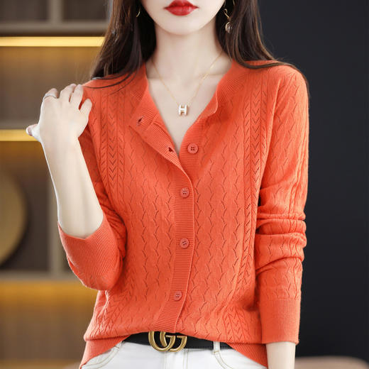 QHJY-JYLK22002秋季新款精纺羊毛衫圆领镂空针织衫开衫软糯女装打底外套毛衣 商品图2