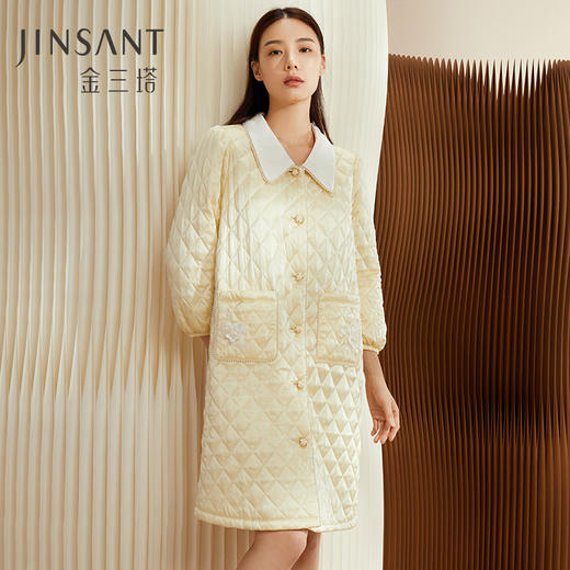 金三塔女士真丝夹棉撞色睡袍 秋冬轻盈保暖宽松加厚家居服 YSFCD101 商品图0