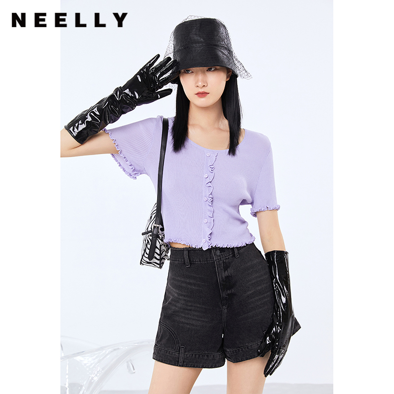 NEELLY纳俪商场同款2022秋季新款圆领针织衫女甜美木耳边短款上衣N22074A04402