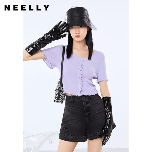 NEELLY纳俪商场同款2022秋季新款圆领针织衫女甜美木耳边短款上衣N22074A04402 商品图0