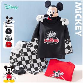 迪士尼童装儿童时尚拼色棋盘格套头卫衣男童春秋新品上衣