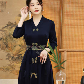 复古中国风，新款气质优雅绣花禅服中长款修身连衣裙KDS-2265