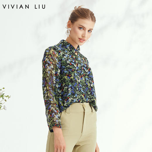 VIVIAN LIU Y2243002秋女装新款雪纺印花立领优雅宽松长袖套头衫 商品图0