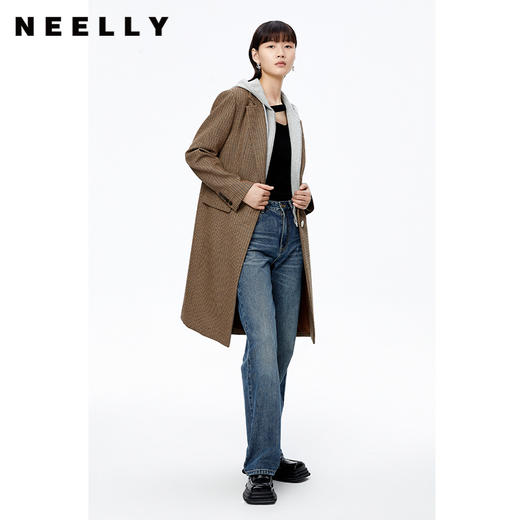 NEELLY纳俪商场同款复古格纹英伦风外套女中长款单排扣毛呢上衣潮N22092C01156 商品图1