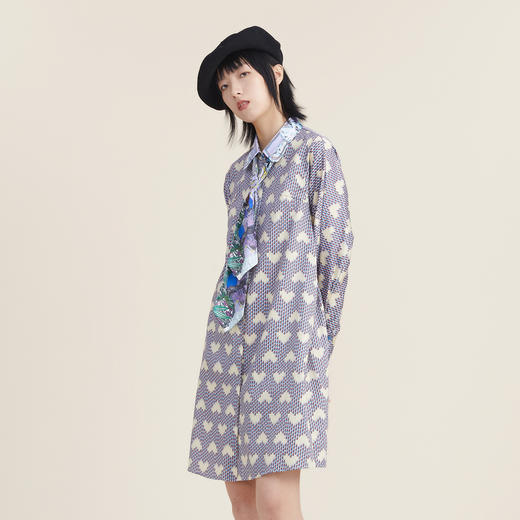 谜底纯棉衬衫连衣裙2022秋款领带设计爱心印花H型中长裙223ML1112 商品图1