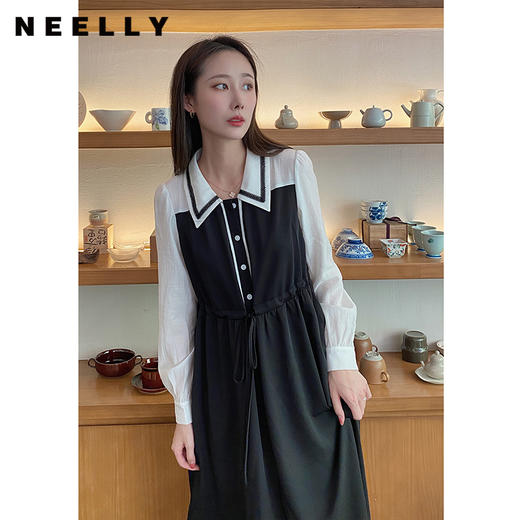 NEELLY纳俪韩系翻领连衣裙女中长款收腰抽绳长袖A字裙百搭时尚N22074Y03306 商品图3