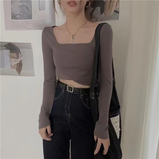 （清仓现货）【社群供A】早秋辣妹方领短款上衣女气壮修身内搭打底长袖T恤涤纶 商品图1