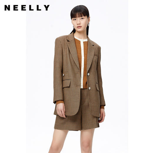 NEELLY纳俪商场同款复古格纹西装外套女撞色袖设计感毛呢上衣时尚N22092W01155 商品图0