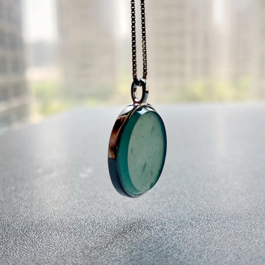 高冰种蓝水翡翠平安无事牌圆牌18k白金镶嵌 商品图10