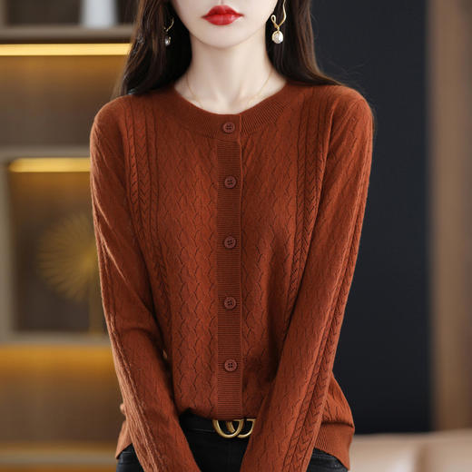 QHJY-JYLK22002秋季新款精纺羊毛衫圆领镂空针织衫开衫软糯女装打底外套毛衣 商品图7