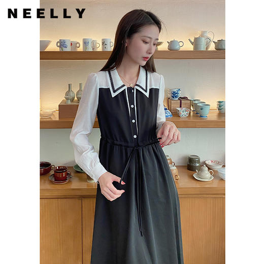 NEELLY纳俪韩系翻领连衣裙女中长款收腰抽绳长袖A字裙百搭时尚N22074Y03306 商品图2