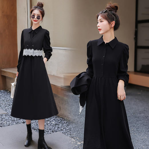 法式新款，马甲长袖连衣裙修身显瘦时尚气质拼接蕾丝两件套裙HR-XMYR2262 商品图1