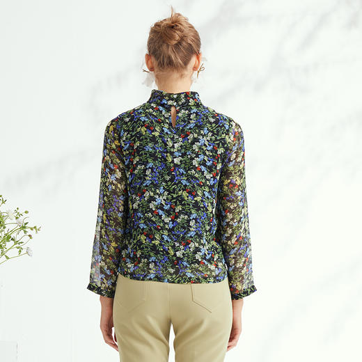 VIVIAN LIU Y2243002秋女装新款雪纺印花立领优雅宽松长袖套头衫 商品图1