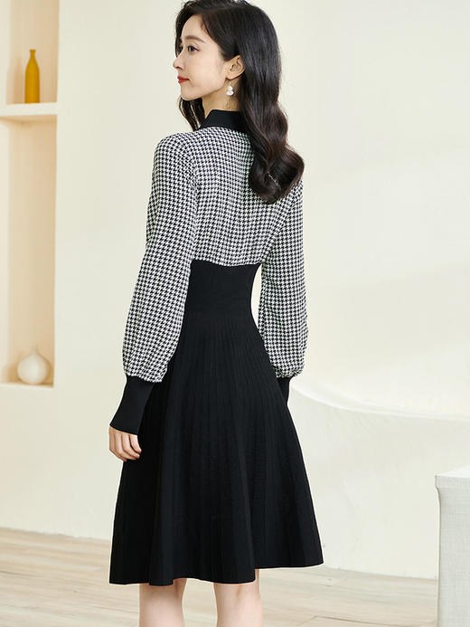 剩S/M 米思阳2024秋季新款气质千鸟格拼接针织伞裙修身显瘦连衣裙3177 商品图2