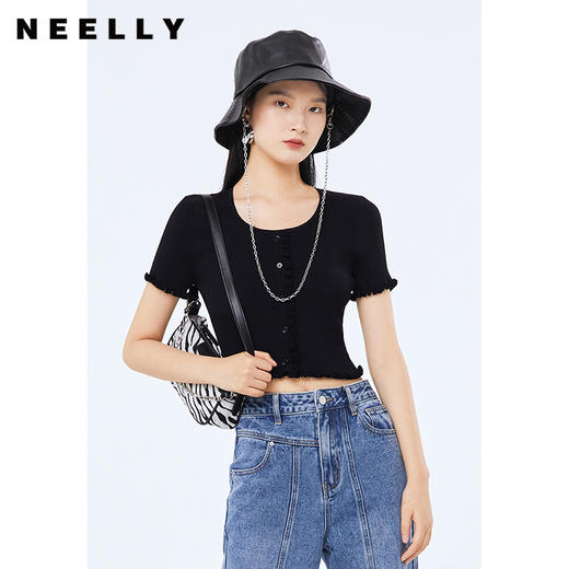 NEELLY纳俪商场同款2022秋季新款圆领针织衫女甜美木耳边短款上衣N22074A04402 商品图2