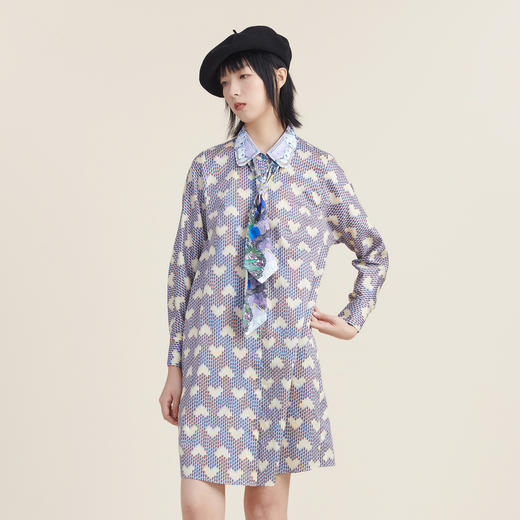 谜底纯棉衬衫连衣裙2022秋款领带设计爱心印花H型中长裙223ML1112 商品图0