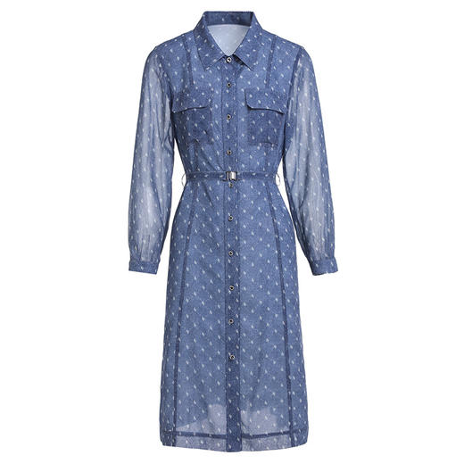 乔万尼春新款蓝色印花修身优雅气质长袖雪纺连衣裙EF3E885601 商品图4