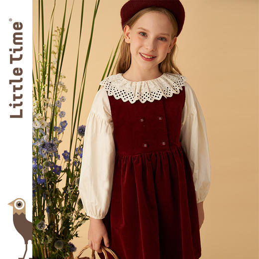 littletime女童连衣裙2022秋季新款女大童丝绒红裙儿童复古背心裙 商品图1
