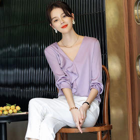 秋装新款，重磅真丝衬衣小衫上衣荷叶边v领长袖桑蚕丝衬衫LS-XZ8210