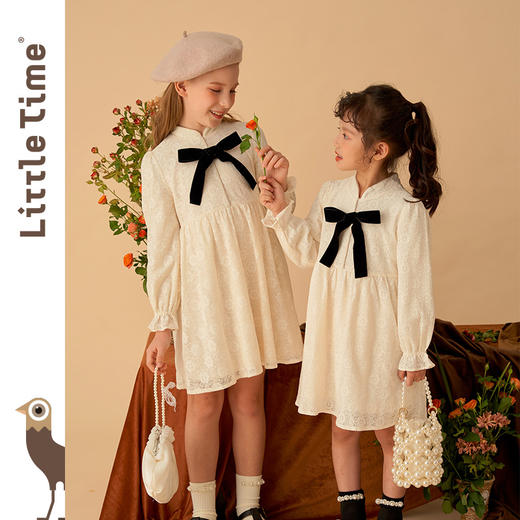 littletime女童国风礼服连衣裙春秋2022女大童新中式蕾丝旗袍长裙 商品图0