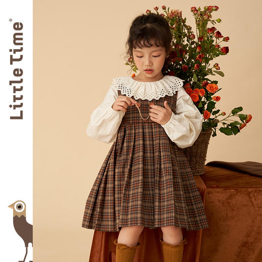 littletime女童复古森系连衣裙套装2022女大童文艺格子开衫两件套 商品图2