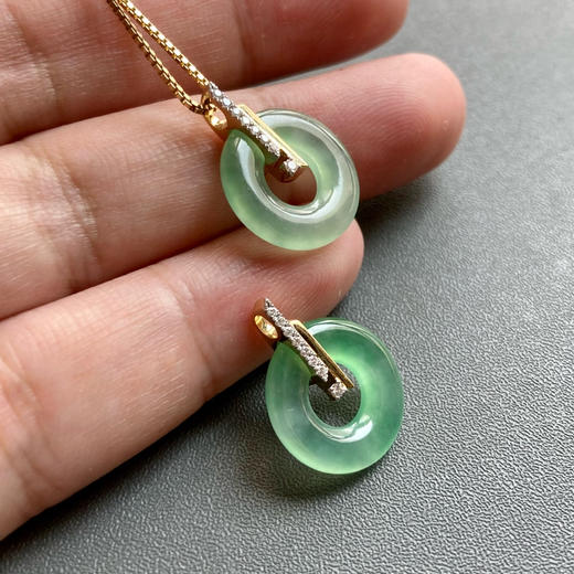 高冰种阳绿翡翠平安扣18k黄金钻石镶嵌 商品图8