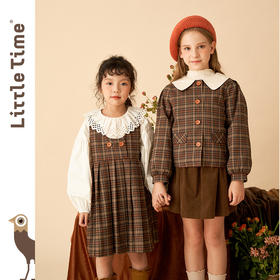 littletime女童复古森系连衣裙套装2022女大童文艺格子开衫两件套