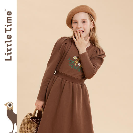 littletime女童连衣裙2022春秋新款女大童森系复古泡泡袖绣花长裙 商品图1