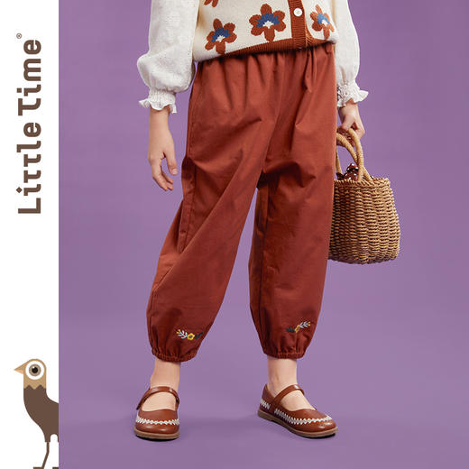 littletime女童裤子春秋2022原创绣花图案长裤新款儿童休闲阔腿裤 商品图3