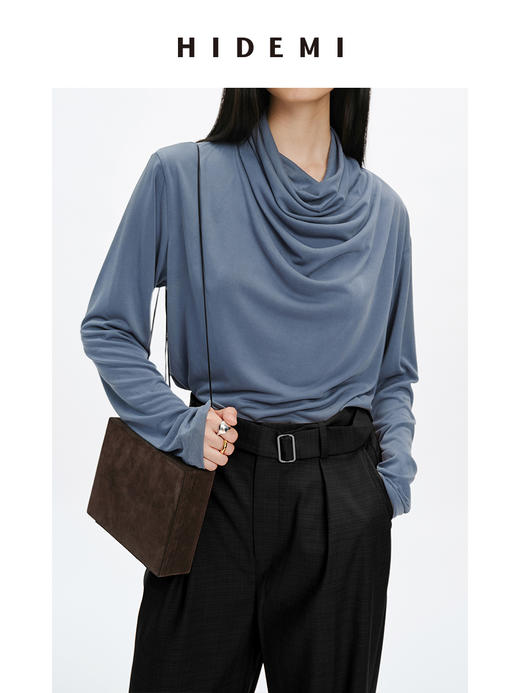 HIDEMI 亲肤柔润感涟漪堆堆领针织上衣 米色/藕粉色/灰蓝色 商品图5