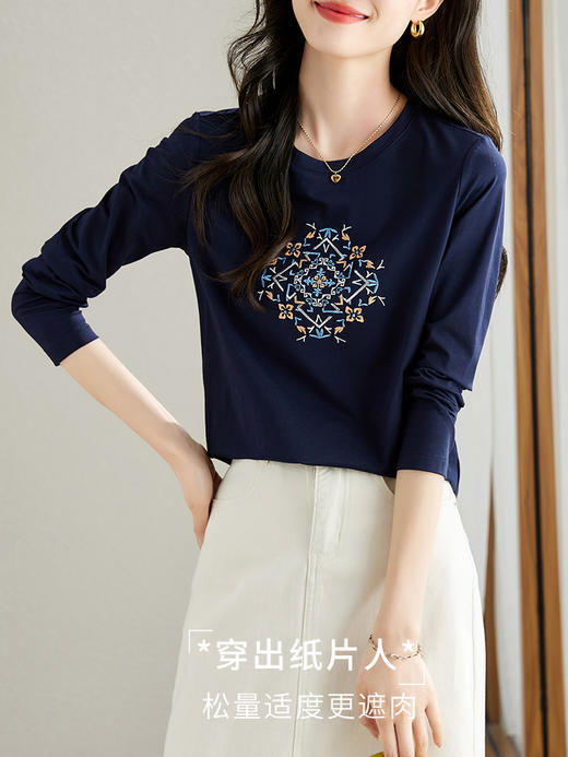 【专属特价】长袖T恤女秋季新款民族风复古刺绣百搭宽松圆领体恤衫 商品图2