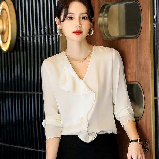 秋装新款，重磅真丝衬衣小衫上衣荷叶边v领长袖桑蚕丝衬衫LS-XZ8210 商品图1