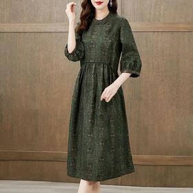 仿香云纱真丝高档连衣裙秋装女新款洋气旗袍桑蚕丝绿色裙子长裙过膝DP901