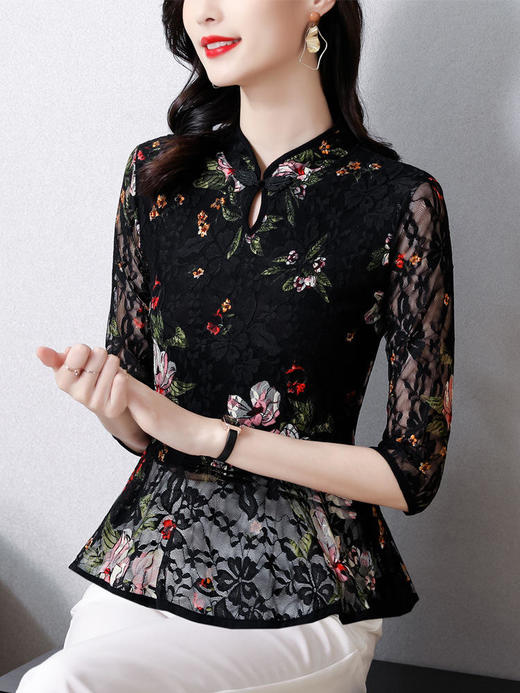 2022新款小衫收腰裙摆上衣女贵夫人漂亮碎花蕾丝衬衫女七分袖MZ804036 商品图2