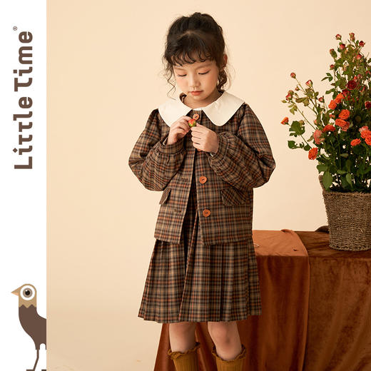 littletime女童复古森系连衣裙套装2022女大童文艺格子开衫两件套 商品图1