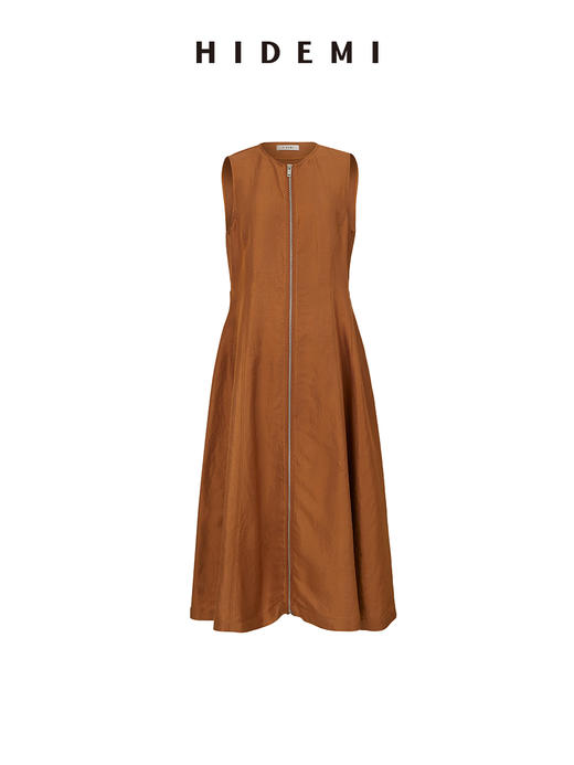 HIDEMI 简约设计感圆领拉链式收腰显瘦亚麻连衣裙 黑色/咖啡色 商品图13