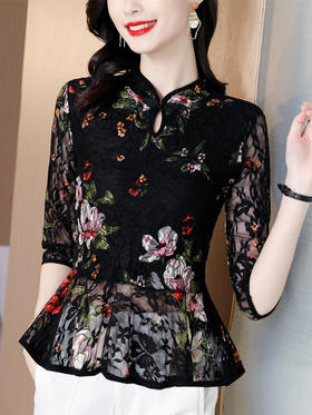 2022新款小衫收腰裙摆上衣女贵夫人漂亮碎花蕾丝衬衫女七分袖MZ804036