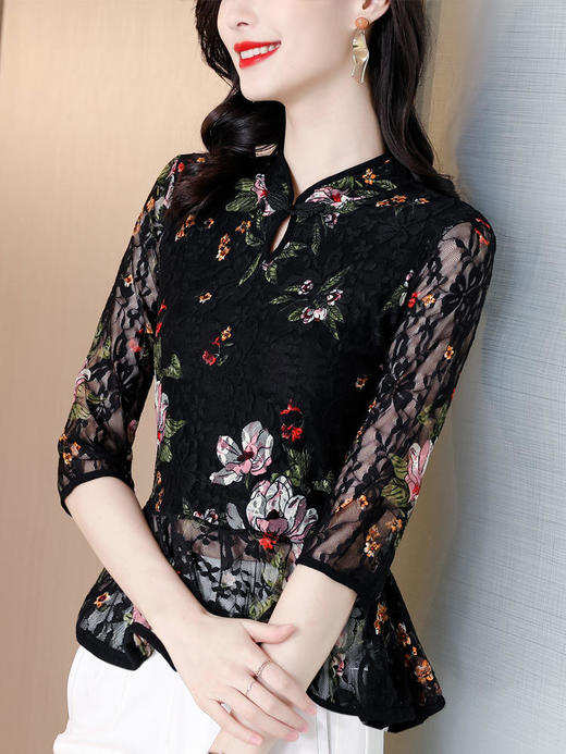 2022新款小衫收腰裙摆上衣女贵夫人漂亮碎花蕾丝衬衫女七分袖MZ804036 商品图3
