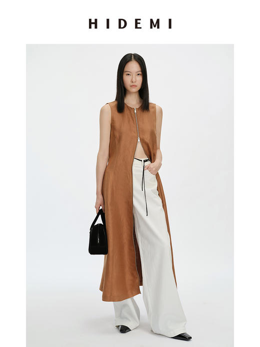 HIDEMI 简约设计感圆领拉链式收腰显瘦亚麻连衣裙 黑色/咖啡色 商品图3