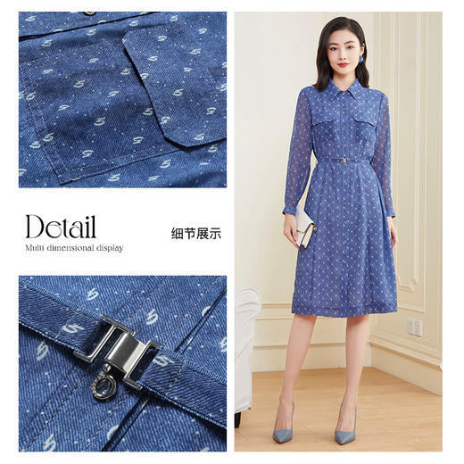 乔万尼春新款蓝色印花修身优雅气质长袖雪纺连衣裙EF3E885601 商品图3